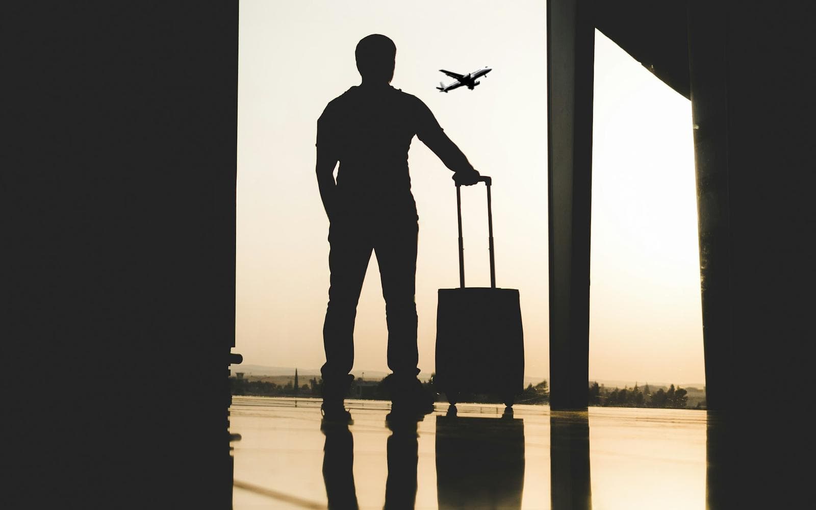 A passenger with a suitcase watches a plane take off without him